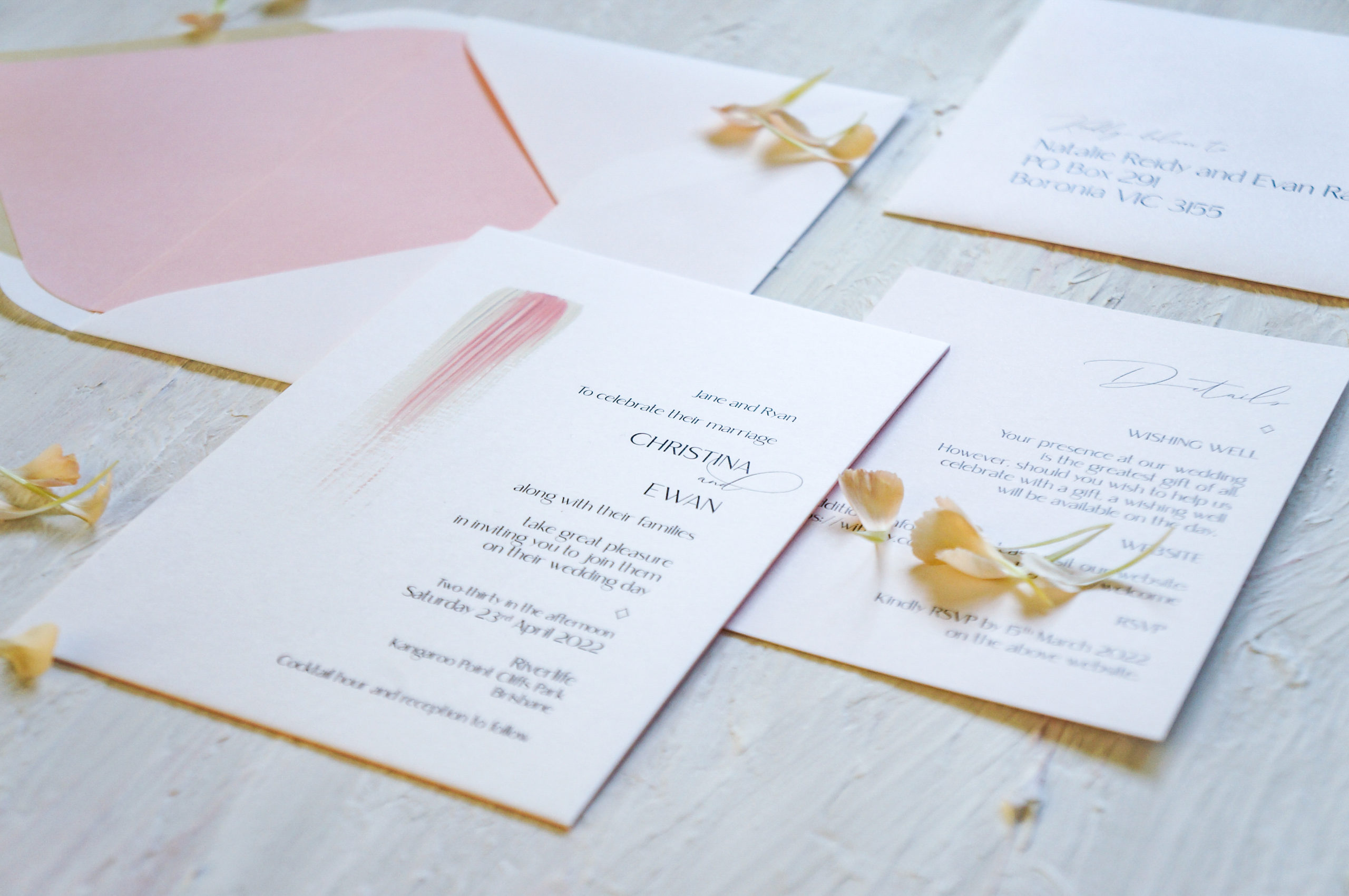 Full hand-painted wedding invitations suite with pink paint and envelope