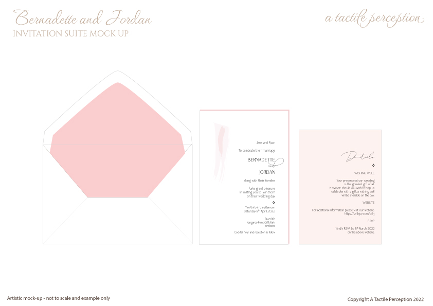 Pale pink wedding invitation suite with pink and white painting, nude coloured details card, and white and pale pink envelope liner.