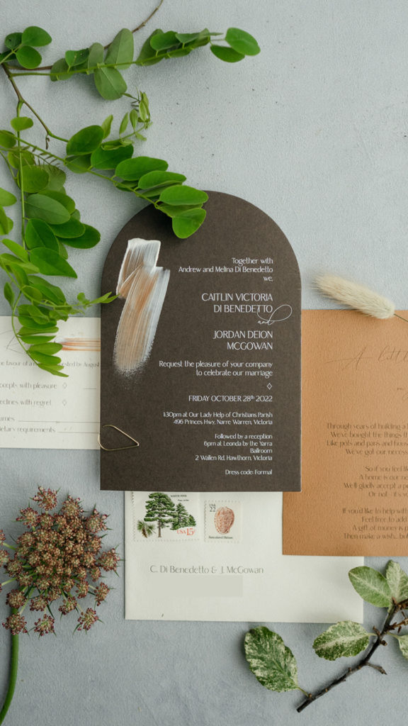 Questions to ask your wedding invitations designer - can I have eco-friendly paper?  Image shows and chocolate brown and caramel wedding invitation with eco-friendly papers and painting on the invitation.