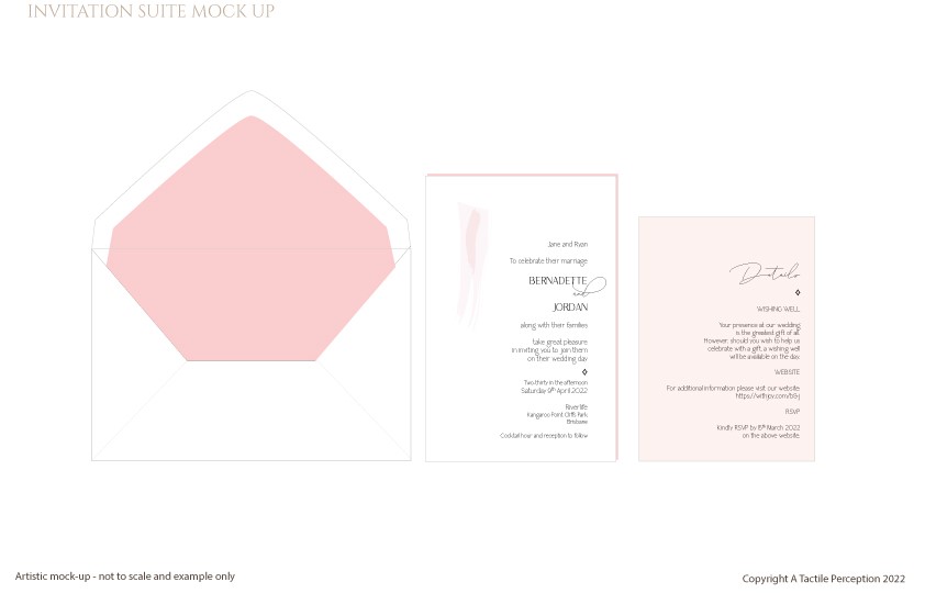 Pale pink wedding invitation suite with pink and white painting, nude coloured details card, and white and pale pink envelope liner.