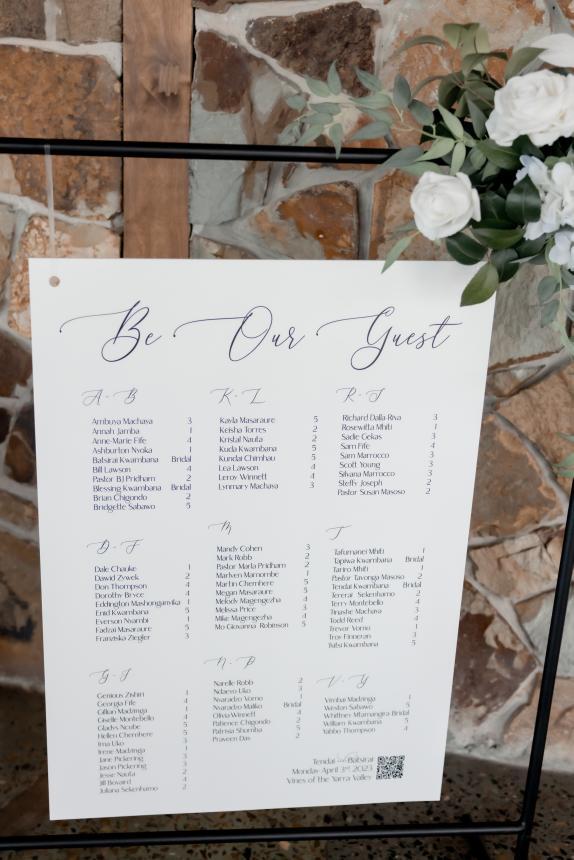 Wedding table seating chart organised alphabetically, with script font heading saying "Be Our Guest."