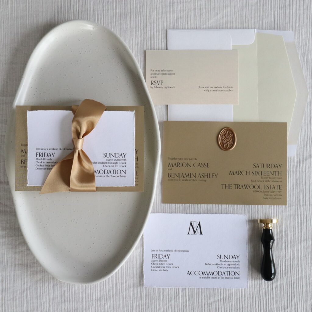 Gold wedding invitations with wax seals, showing what to write on your wedding invites.