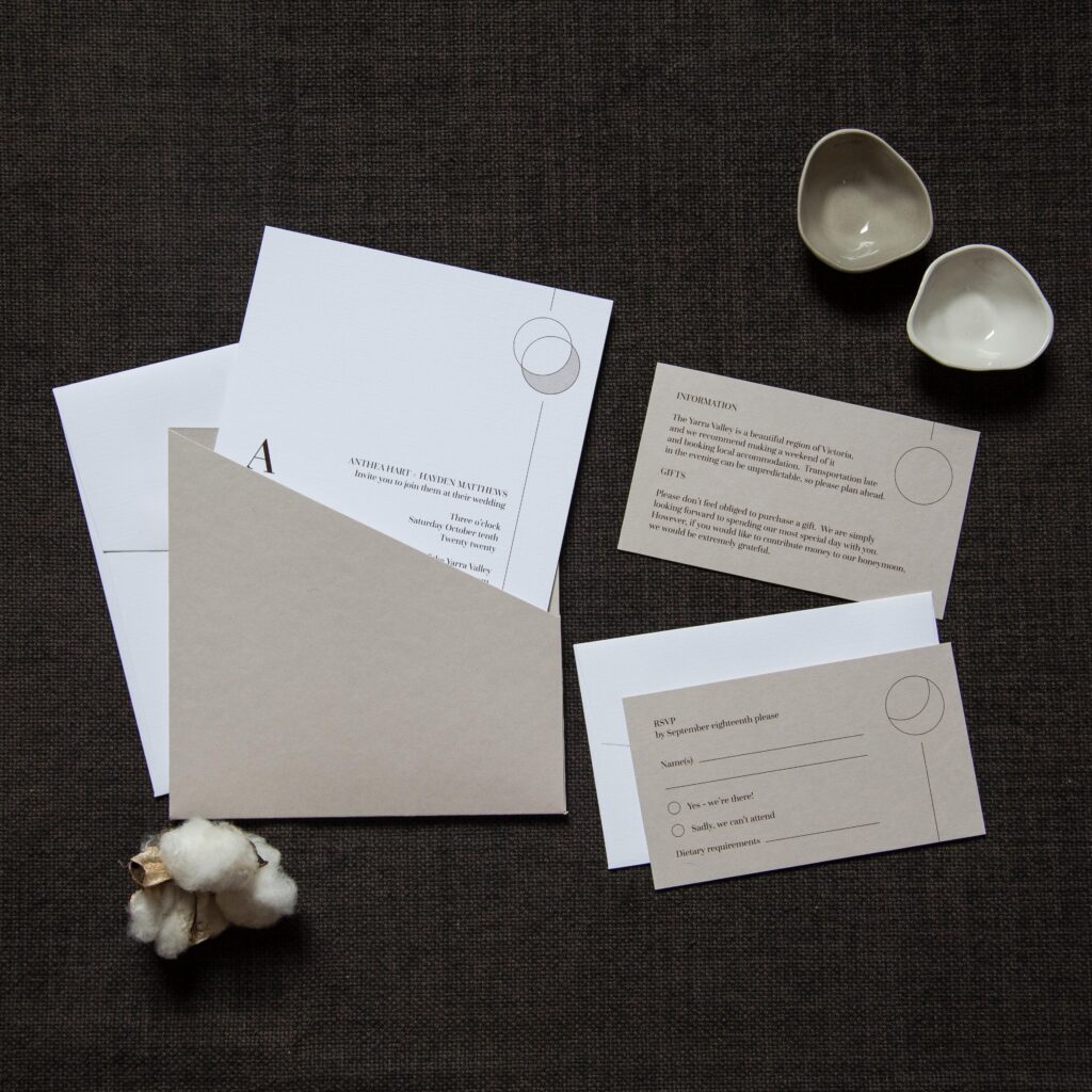 What to write on your wedding invites - this suite shows the invitation, and separate details card and RSVP card.