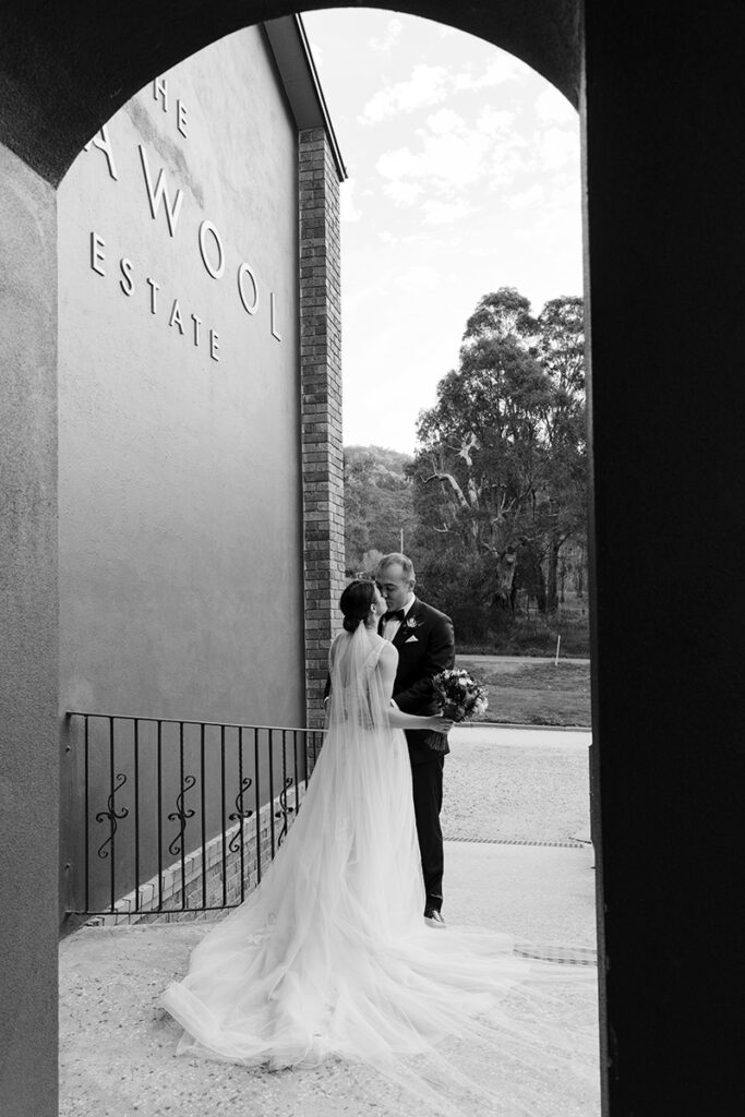 Black and white image of a couple on their wedding day by Melbourne wedding photographer Ada and Ivy at the Trawool Estate