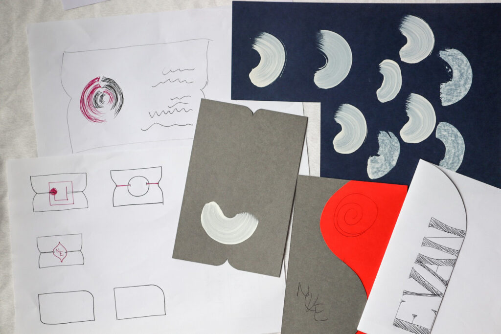 Sketches and rough painting that shows how I came up with some ideas for my colourful wedding invitations.