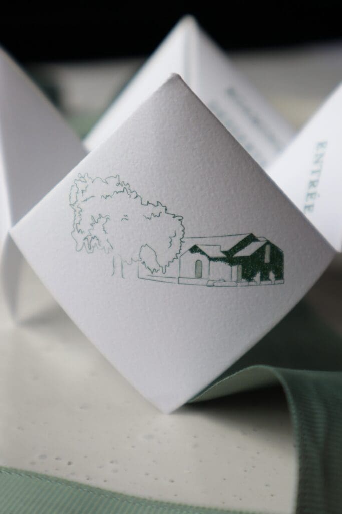 A close up of an illustration of the Stones of the Yarra Valley wedding chapel, on the front of a fortune teller wedding menu.