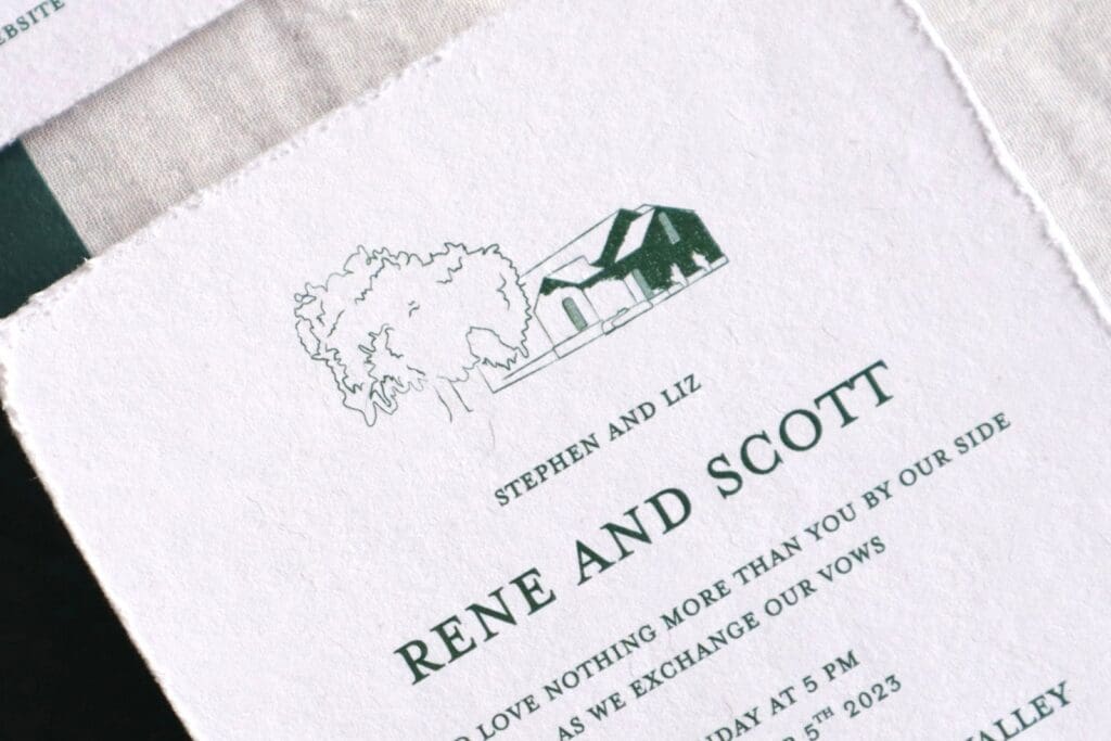 A custom venue illustration of the chapel at Stones of the Yarra Valley on a wedding invitation.