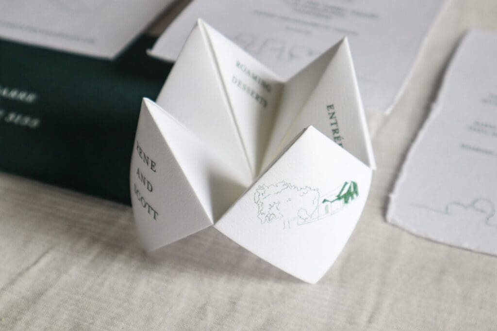 A wedding menu with an illustration of a chapel, made into a fun fortune teller or cootie catcher.